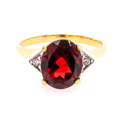 14K Yellow Gold Three Stone Garnet Diamond Ring, view 1