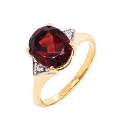 14K Yellow Gold Three Stone Garnet Diamond Ring, view 2