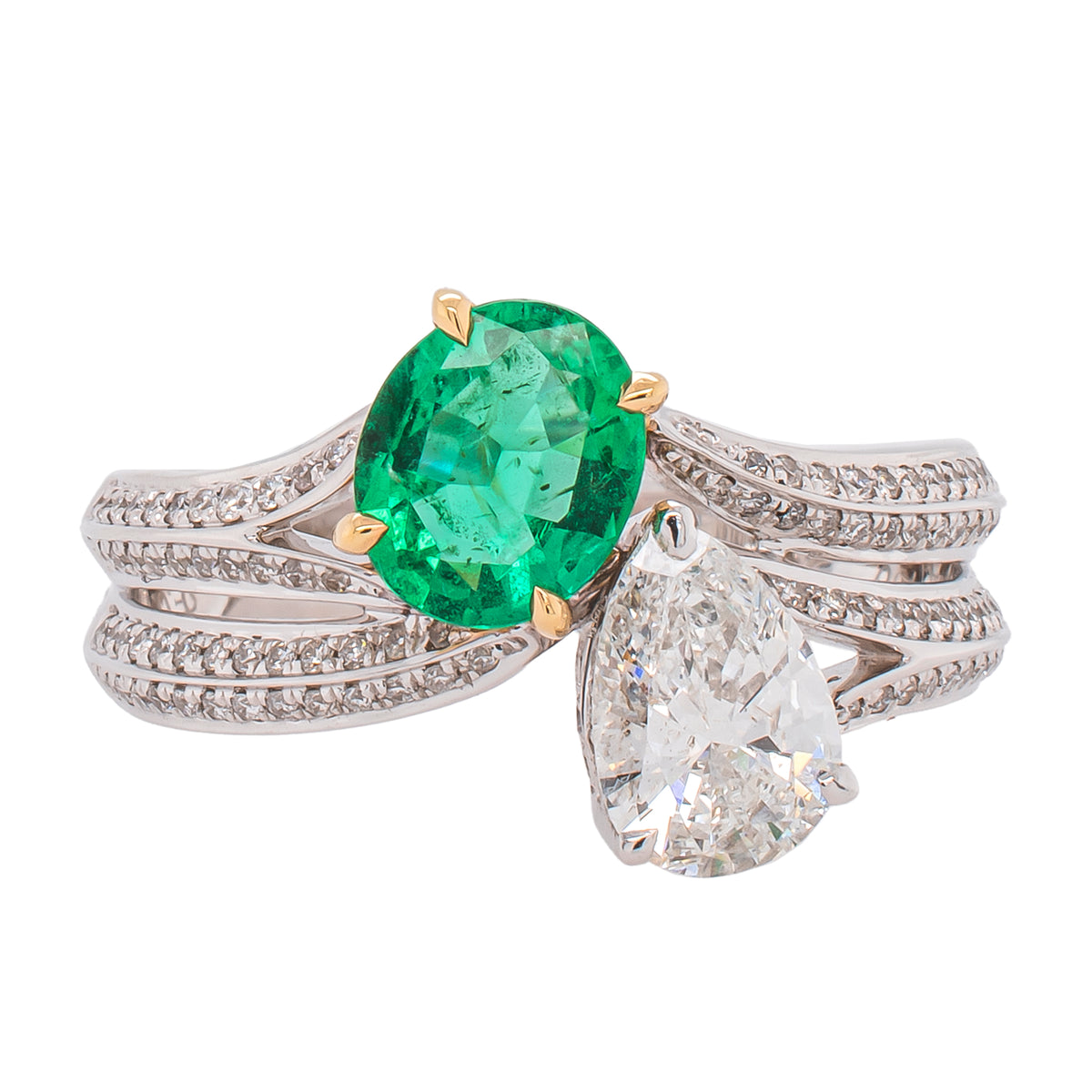 18K White Gold Bypass Pear Emerald Diamond Ring
