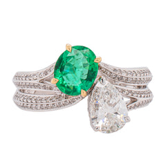 18K White Gold Bypass Pear Emerald Diamond Ring, view 1