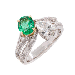 18K White Gold Bypass Pear Emerald Diamond Ring, view 3