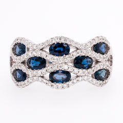 14K White Gold Oval Sapphire Diamond Wave Pave Ring, view 2