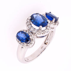 14K White Gold Three Stone Halo Diamond Sapphire Ring, view 2