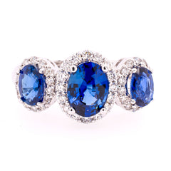14K White Gold Three Stone Halo Diamond Sapphire Ring, view 1
