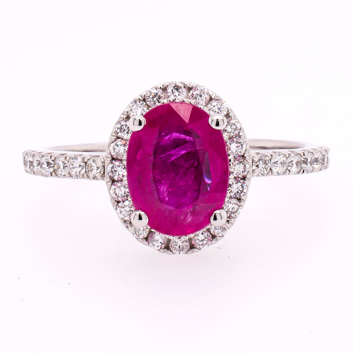 14K White Gold Oval Ruby Halo Diamond Ring