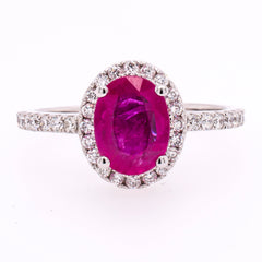 14K White Gold Oval Ruby Halo Diamond Ring, view 1