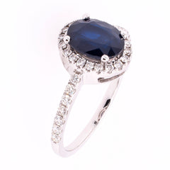 14K White Gold Oval Sapphire Halo Diamond Ring, view 2