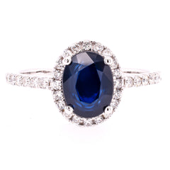 14K White Gold Oval Sapphire Halo Diamond Ring, view 1