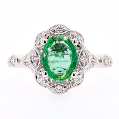 18K White Gold Emerald Diamond Flower Ring, view 1
