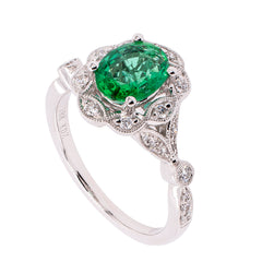 18K White Gold Emerald Diamond Flower Ring, view 2