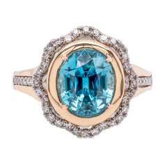 14K White and Yellow Gold Blue Zircon Diamond Flower Ring, view 1