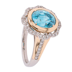 14K White and Yellow Gold Blue Zircon Diamond Flower Ring, view 2