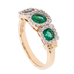 14K Yellow Three-Stone Round Emerald Diamond Ring, view 2