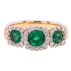 14K Yellow Three-Stone Round Emerald Diamond Ring, view 1