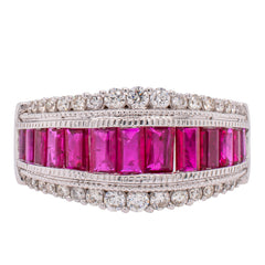 14K White Gold Ruby Baguette Diamond Crown Ring, view 1