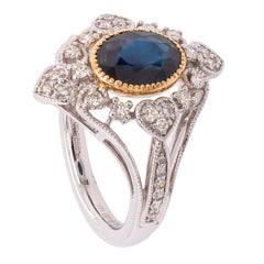 14K White and Yellow Gold Sapphire Oval Heart Diamond Delicate Ring, view 2