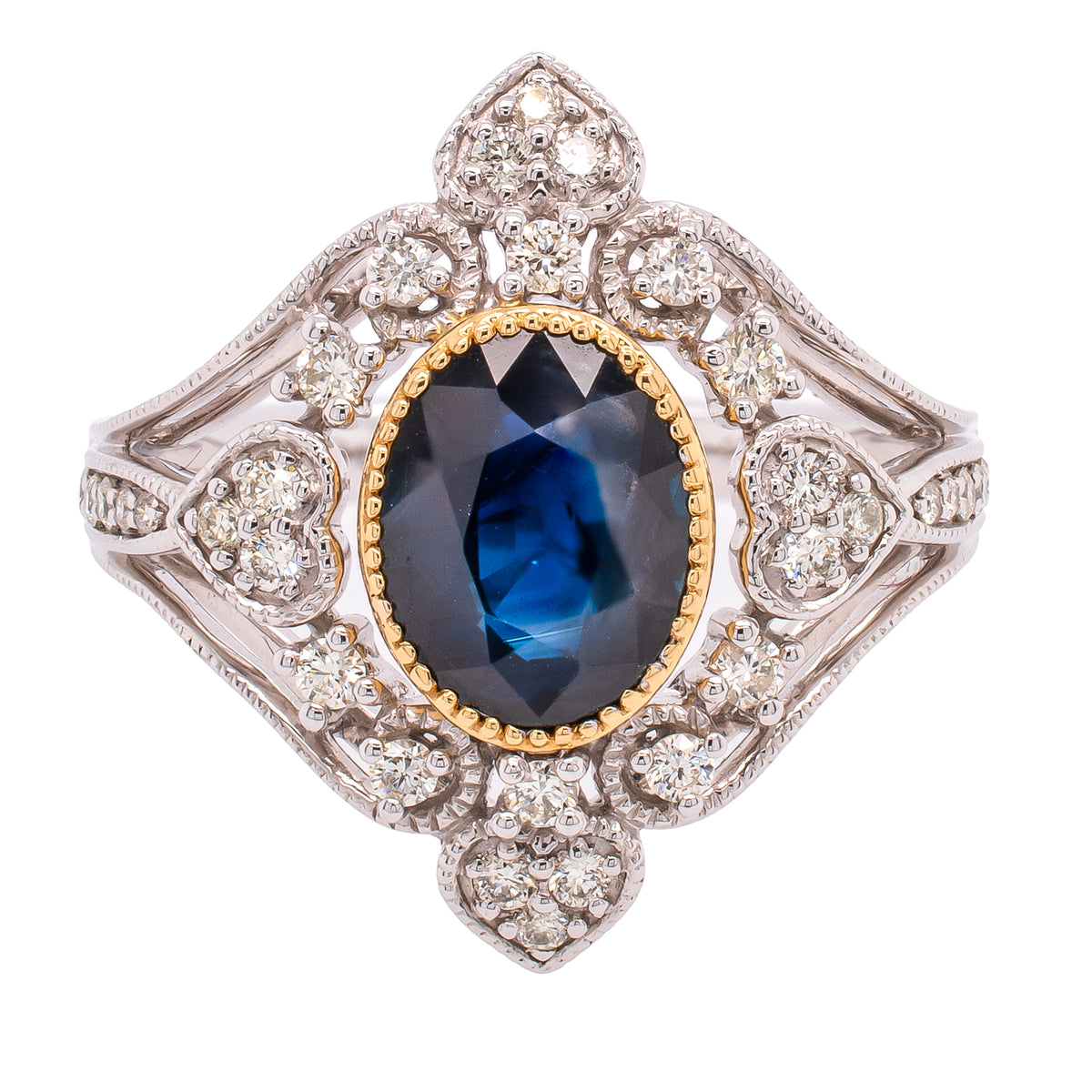 14K White and Yellow Gold Sapphire Oval Heart Diamond Delicate Ring