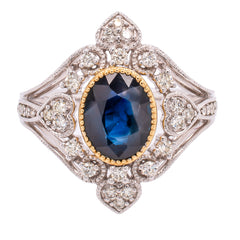 14K White and Yellow Gold Sapphire Oval Heart Diamond Delicate Ring, view 1
