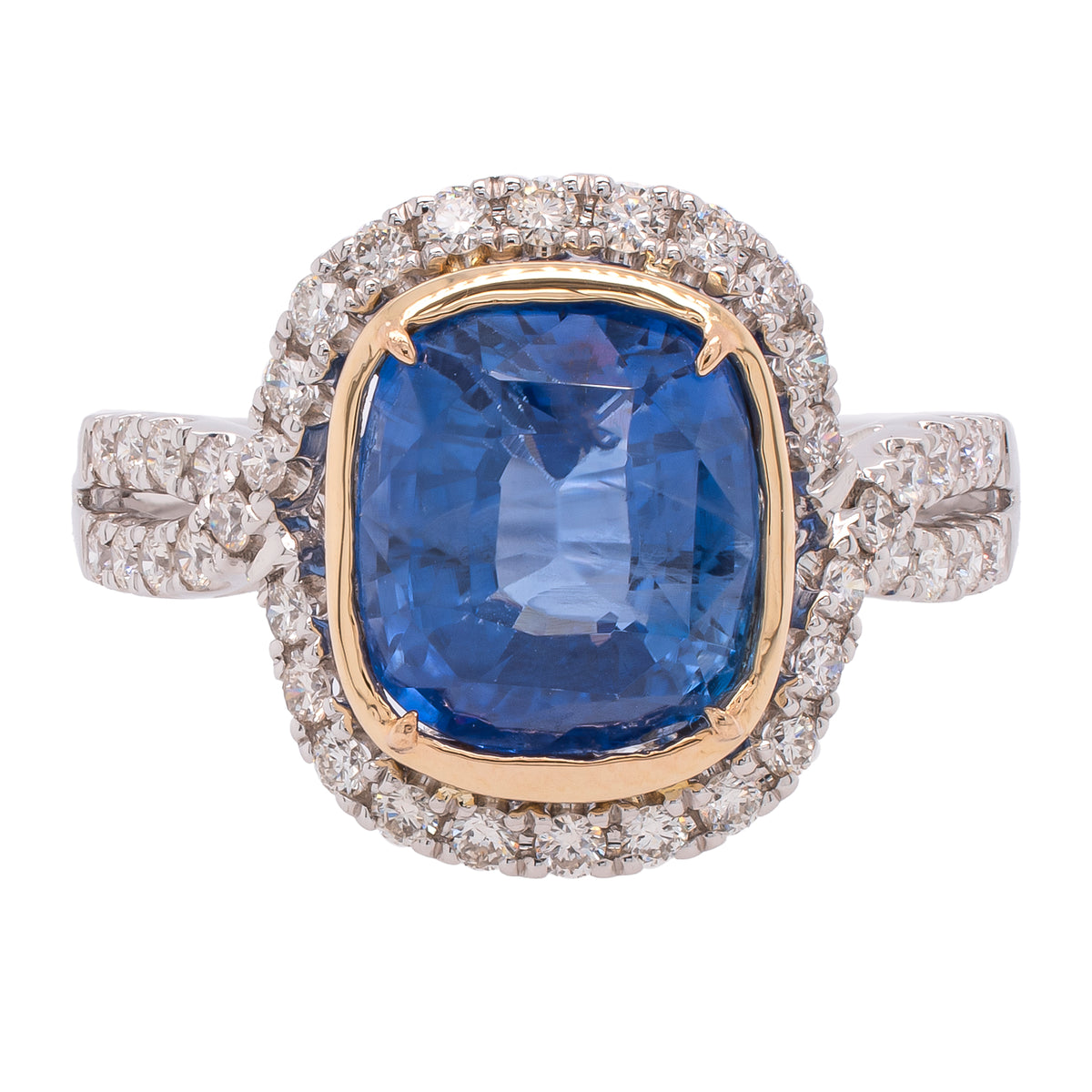 14K White and Yellow Gold Sapphire Cushion Diamond Bypass Ring