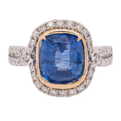 14K White and Yellow Gold Sapphire Cushion Diamond Bypass Ring, view 1