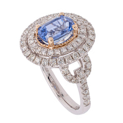 14K White and Yellow Gold Sapphire Oval Double Halo Ring, view 2