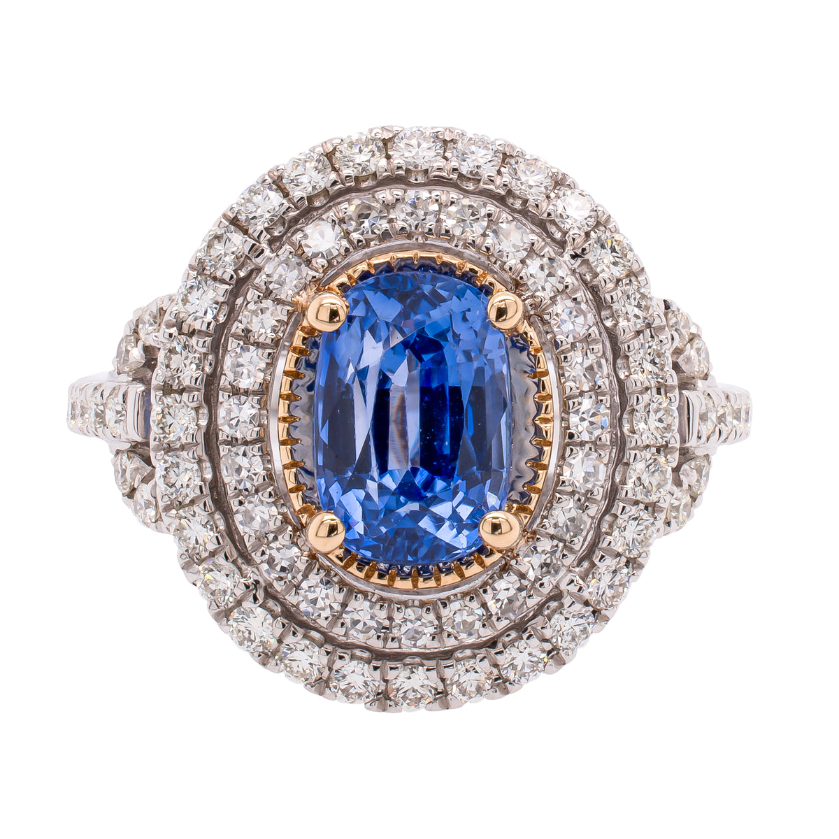 14K White and Yellow Gold Sapphire Oval Double Halo Ring
