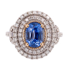 14K White and Yellow Gold Sapphire Oval Double Halo Ring, view 1