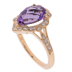 14K Yellow Gold Pear Amethyst Diamond Antique Ring, view 2