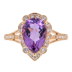14K Yellow Gold Pear Amethyst Diamond Antique Ring, view 1