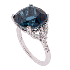 14K White Gold Square Cushion London Blue Topaz Diamond Ring, view 3