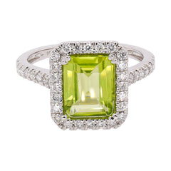 14K White Gold Emerald Cut Peridot Halo Diamond Ring, view 1