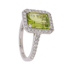 14K White Gold Emerald Cut Peridot Halo Diamond Ring, view 2