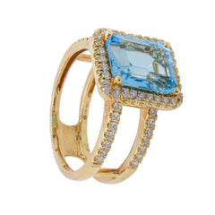 14K Yellow Gold Emerald Cut Blue Topaz Double Shank Diamond Ring, view 2