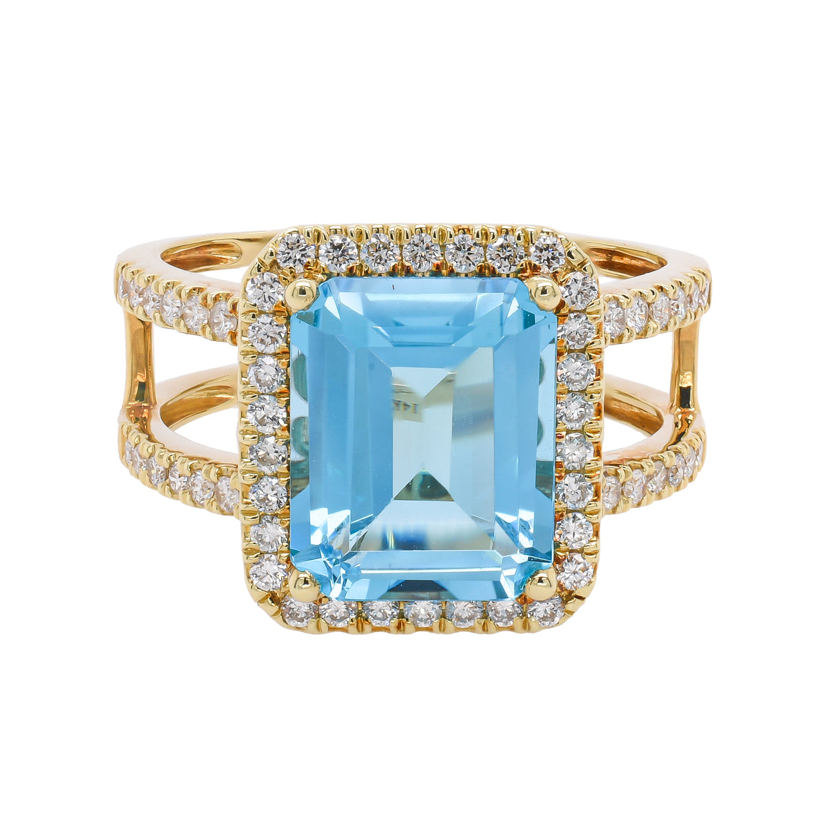 14K Yellow Gold Emerald Cut Blue Topaz Double Shank Diamond Ring