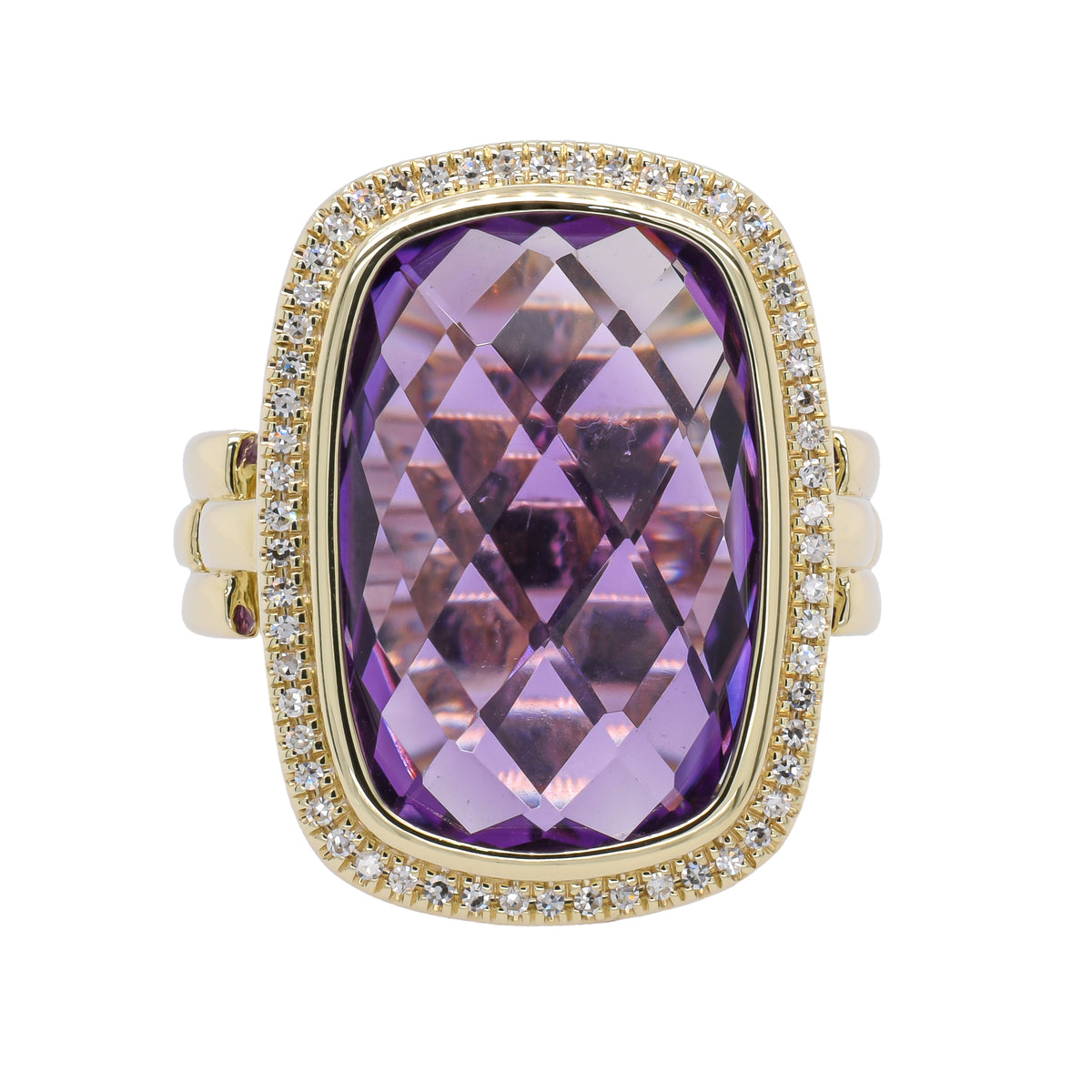 14K Yellow Gold Amethyst Rectangle Halo Diamond Fashion Ring