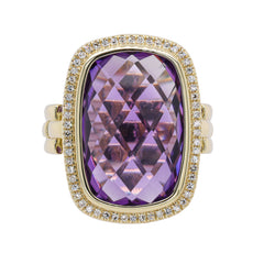14K Yellow Gold Amethyst Rectangle Halo Diamond Fashion Ring, view 1