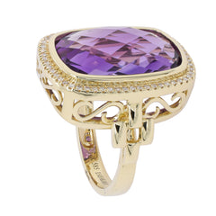 14K Yellow Gold Amethyst Rectangle Halo Diamond Fashion Ring, view 2