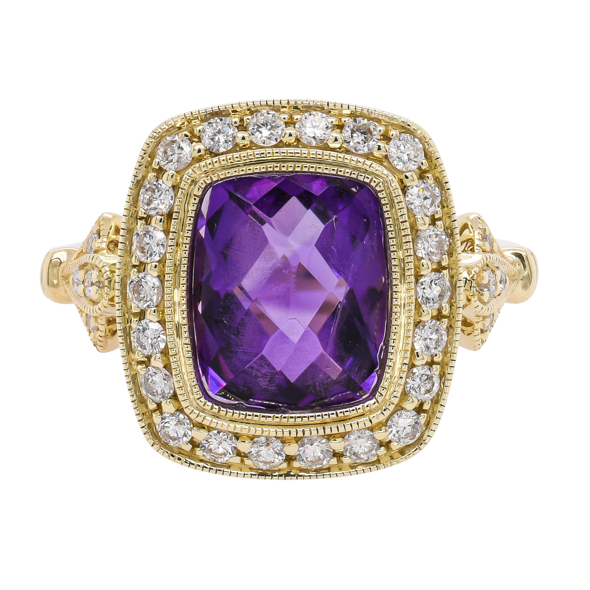 14K Yellow Gold Rectangle Amethyst Bezel Set Diamond Halo Ring