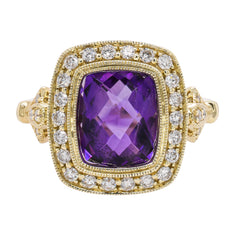 14K Yellow Gold Rectangle Amethyst Bezel Set Diamond Halo Ring, view 1