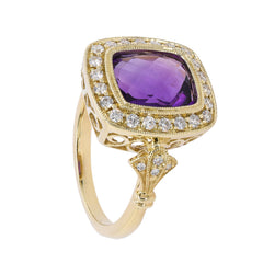 14K Yellow Gold Rectangle Amethyst Bezel Set Diamond Halo Ring, view 2
