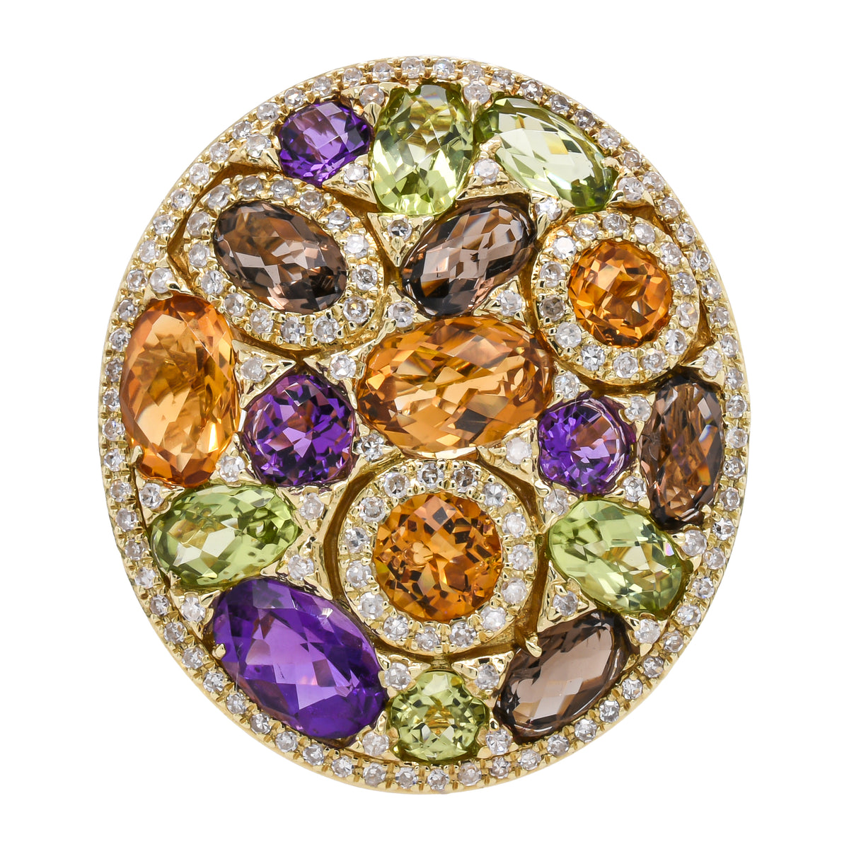 14K Yellow Gold Multi-Colored Gemstone Cluster Diamond Oval Ring