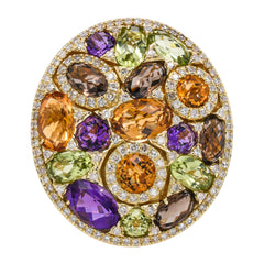 14K Yellow Gold Multi-Colored Gemstone Cluster Diamond Oval Ring, view 1