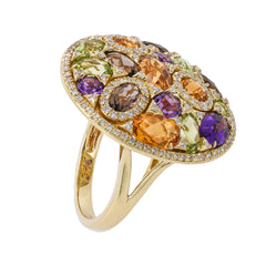 14K Yellow Gold Multi-Colored Gemstone Cluster Diamond Oval Ring, view 2