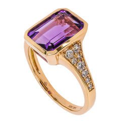 14K Yellow Gold Amethyst Emerald Cut Bezel Set Diamond Ring, view 2
