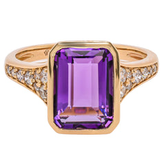 14K Yellow Gold Amethyst Emerald Cut Bezel Set Diamond Ring, view 1