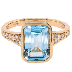 14K Yellow Gold Blue Topaz Emerald Cut Bezel Set Diamond Ring, view 1