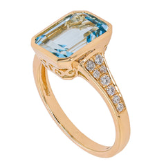 14K Yellow Gold Blue Topaz Emerald Cut Bezel Set Diamond Ring, view 2