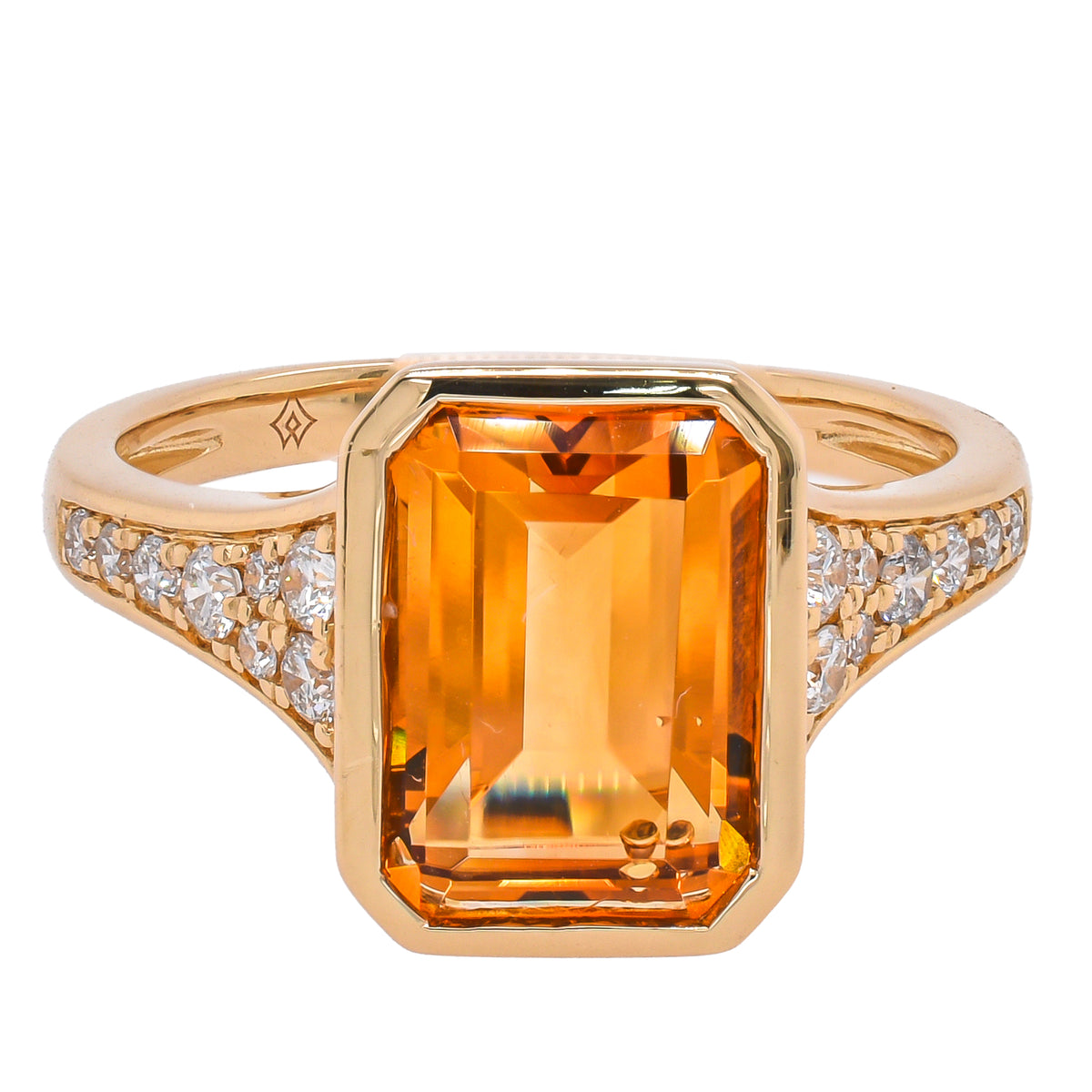 14K Yellow Gold Citrine Emerald Cut Bezel Set Diamond Ring