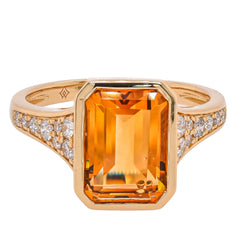14K Yellow Gold Citrine Emerald Cut Bezel Set Diamond Ring, view 1