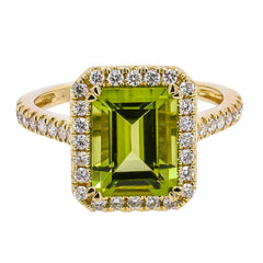 14K Yellow Gold Peridot Diamond Halo Ring, view 1